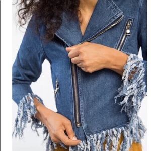 Hot & Delicous denim frayed fringe Moto jean jacket.
